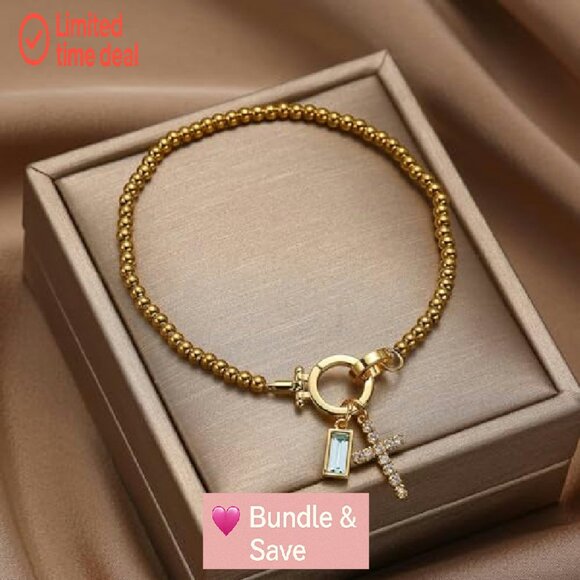 Gold Beaded Stretch Bracelet with Cross Charm & Birthstone, 9.45" - Picture 4 of 8